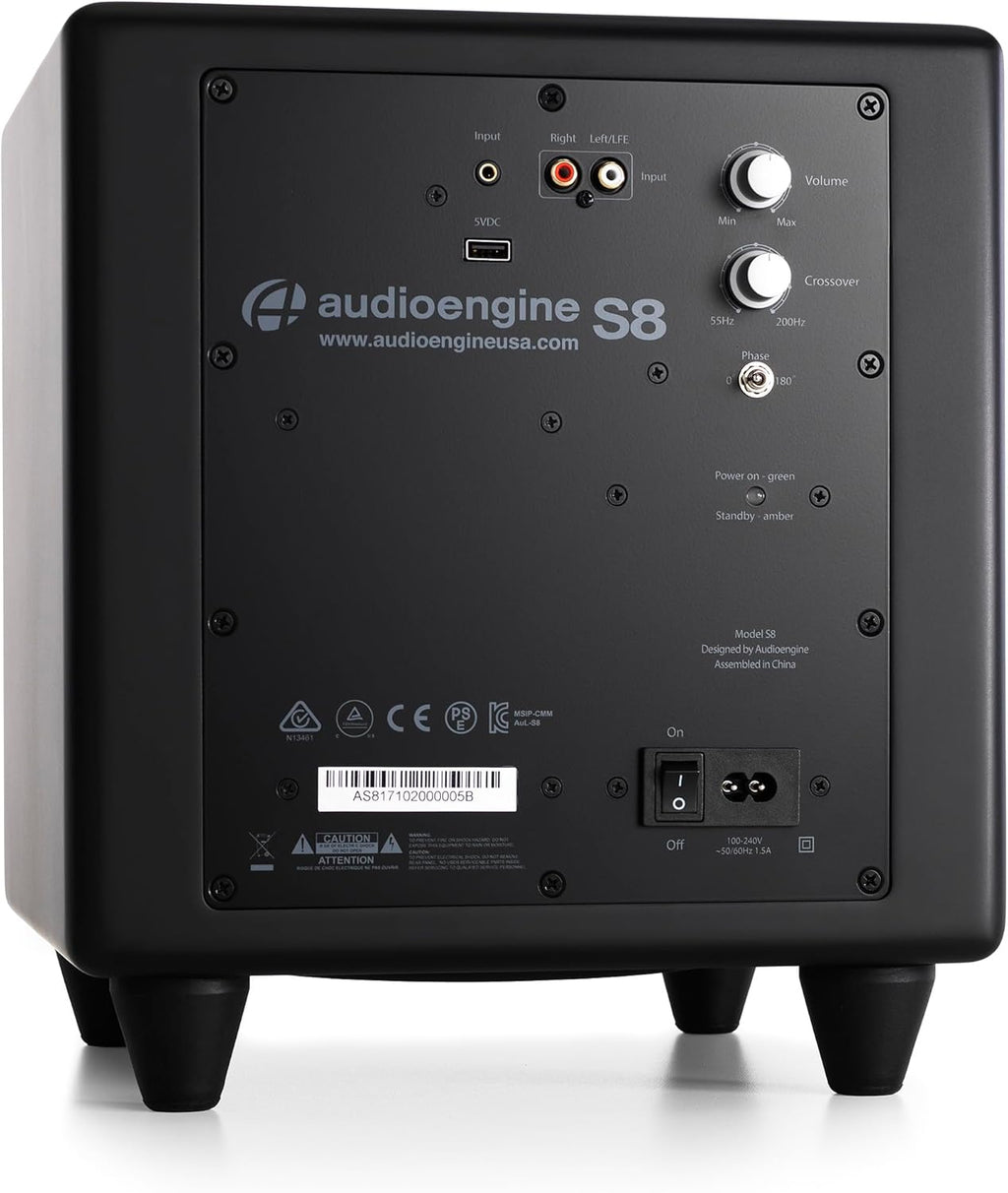 Audioengine S8 Powered Subwoofer - 8 Inch Subwoofer  250W Down Firing Speakers for PC  Home Theaters  Movie Lovers & Studios  Wireless Ready with Sleep Mode