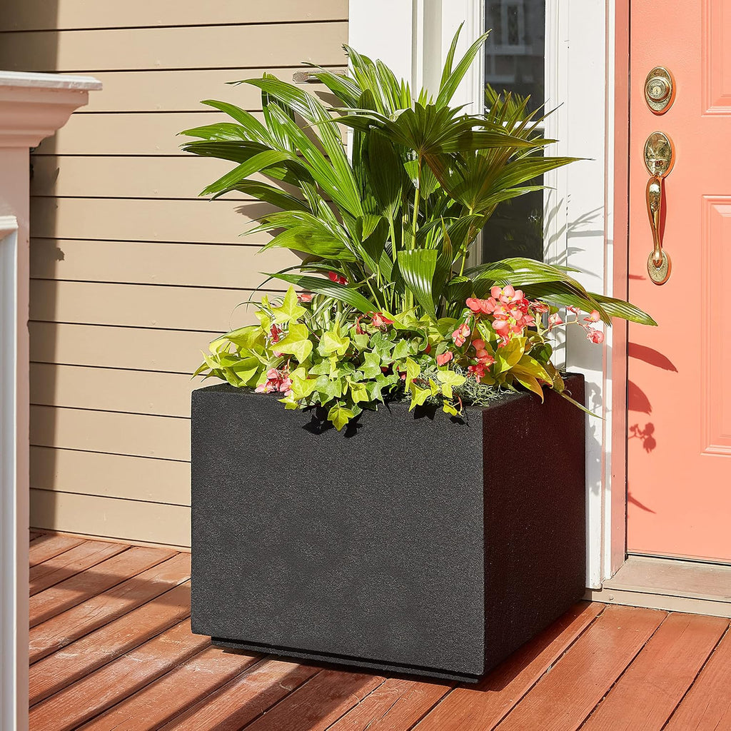 PolyStone Monterray Square Outdoor Planter  23" L x 23" W x 19" H – Lightweight Modern Garden & Patio Planter  Weather Resistant Indoor/Outdoor Décor  Black