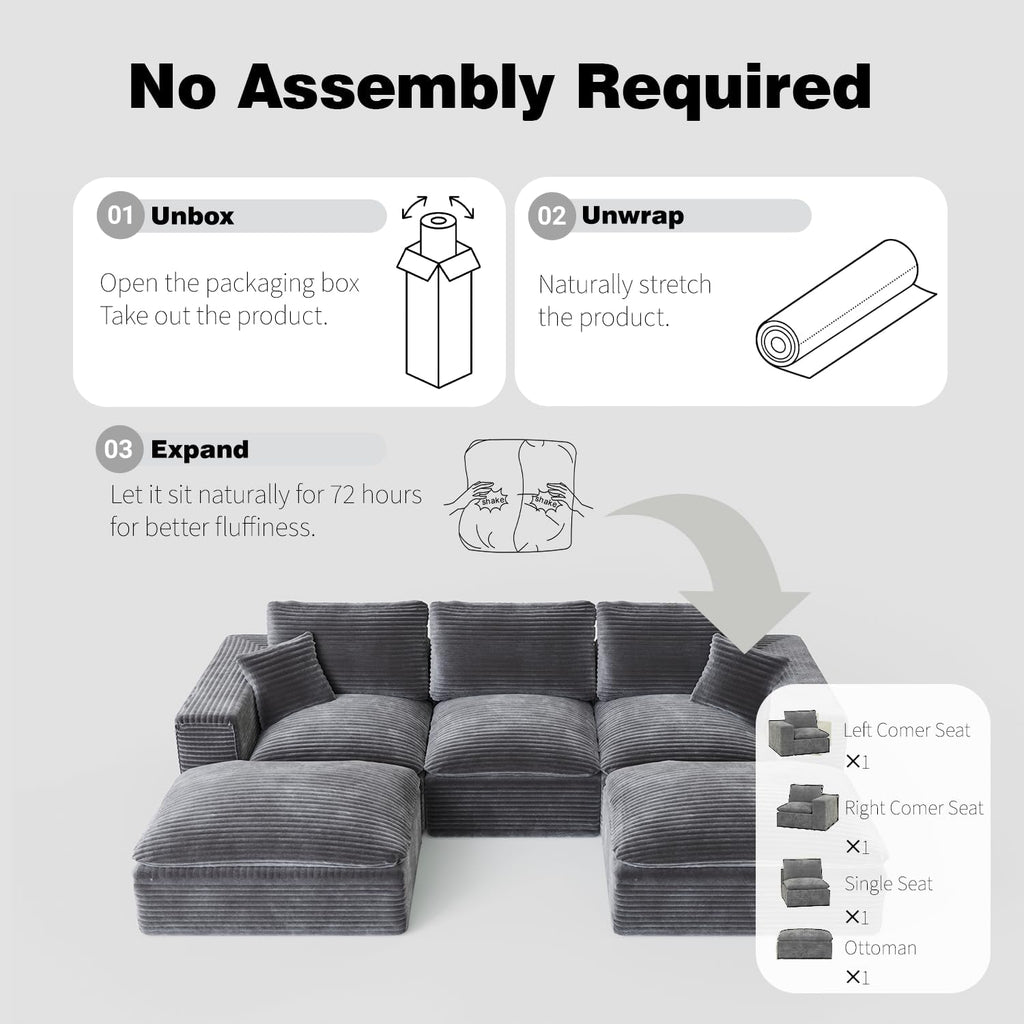 108" Plush Corduroy L Shaped Sectional Cloud Sofa Couch with Ottoman, Soft Deep Seat Modular Sectional Couches for Living Room,No Assembly. Grey