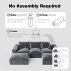 108" Plush Corduroy L Shaped Sectional Cloud Sofa Couch with Ottoman, Soft Deep Seat Modular Sectional Couches for Living Room,No Assembly. Grey