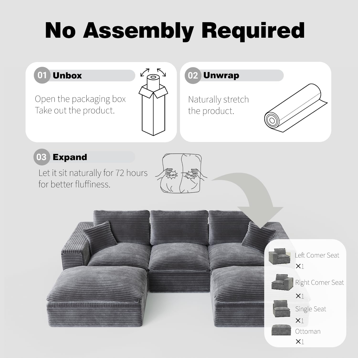 108" Plush Corduroy L Shaped Sectional Cloud Sofa Couch with Ottoman, Soft Deep Seat Modular Sectional Couches for Living Room,No Assembly. Grey