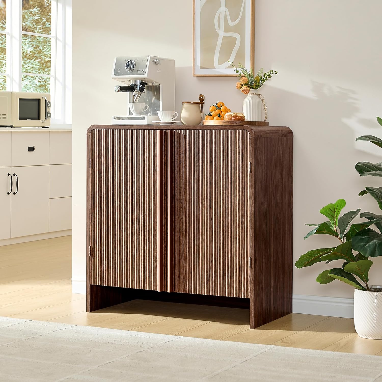 AMERLIFE Fluted Buffet Cabinet with Storage, Modern Sideboard Cabinet with 2 Doors & Adjustable Shelf, Console Table & Credenza for Living Room, Dining Room & Entryway, Brown