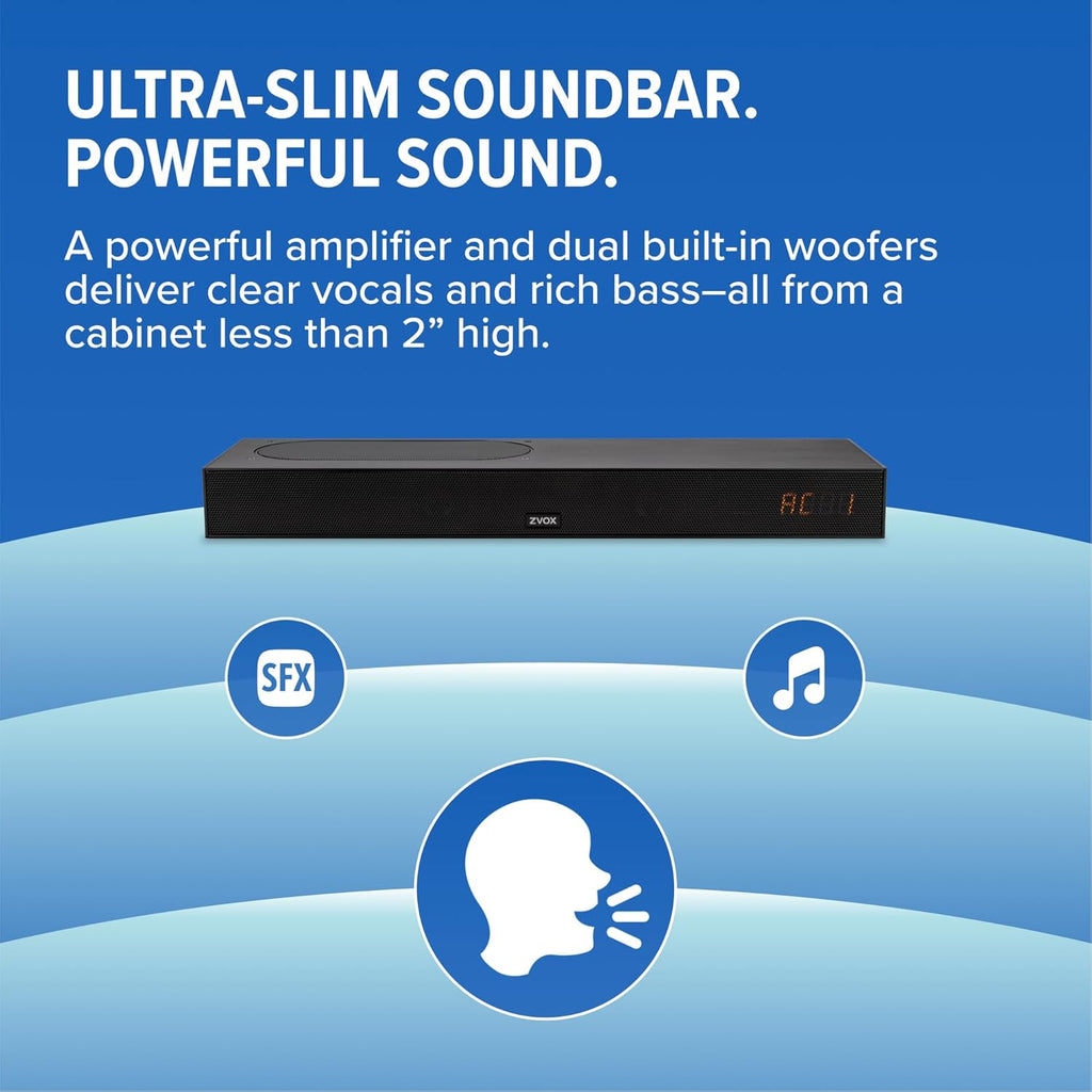 ZVOX AccuVoice AV835 Dialogue Clarifying Soundbar - Patented Hearing Technology with 20 Levels of Voice Boost  Dual Woofers  Low-Profile TV Speaker for Home Theater and Smart TV - Black
