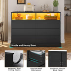Hasuit Black Dresser for Bedroom with LED Lights and Charging Station, 51.2" Long Dressers Chest of Drawer with Large Drawers and Open Space, Modern 6 Drawer Dresser for Bedroom, Living Room, Entryway