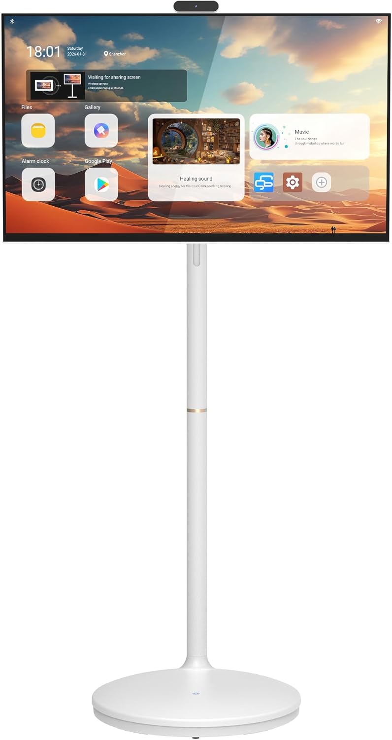 32" 2K Smart Portable TV  Rolling Android Tablet on Wheels  Touchscreen Monitor  Rechargeable Battery  Full Swivel Rotation  20W Audio Snap-on Camera