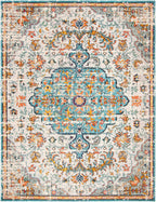 SAFAVIEH Madison Collection Area Rug - 9' x 12', Grey & Light Blue, Boho Chic Medallion Distressed Design, Non-Shedding & Easy Care, Ideal for High Traffic Areas in Living Room, Bedroom (MAD447F)