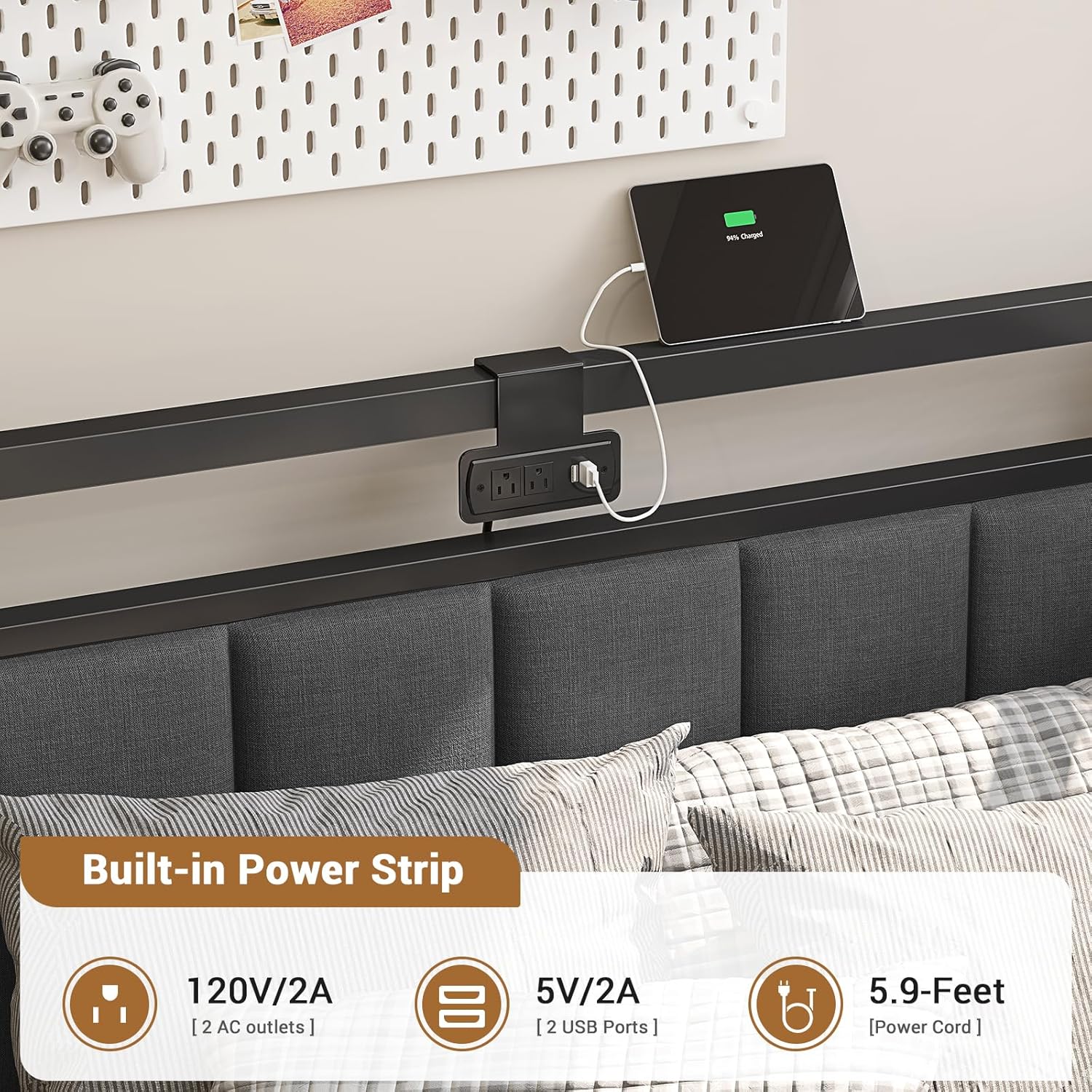 Hasuit Corner Bed Frame with Storage Drawers, Twin Daybed with Line Fabric Upholstered Fence, Kids Bed Unit with LED Light and Charging Station, Modern Bed Frame