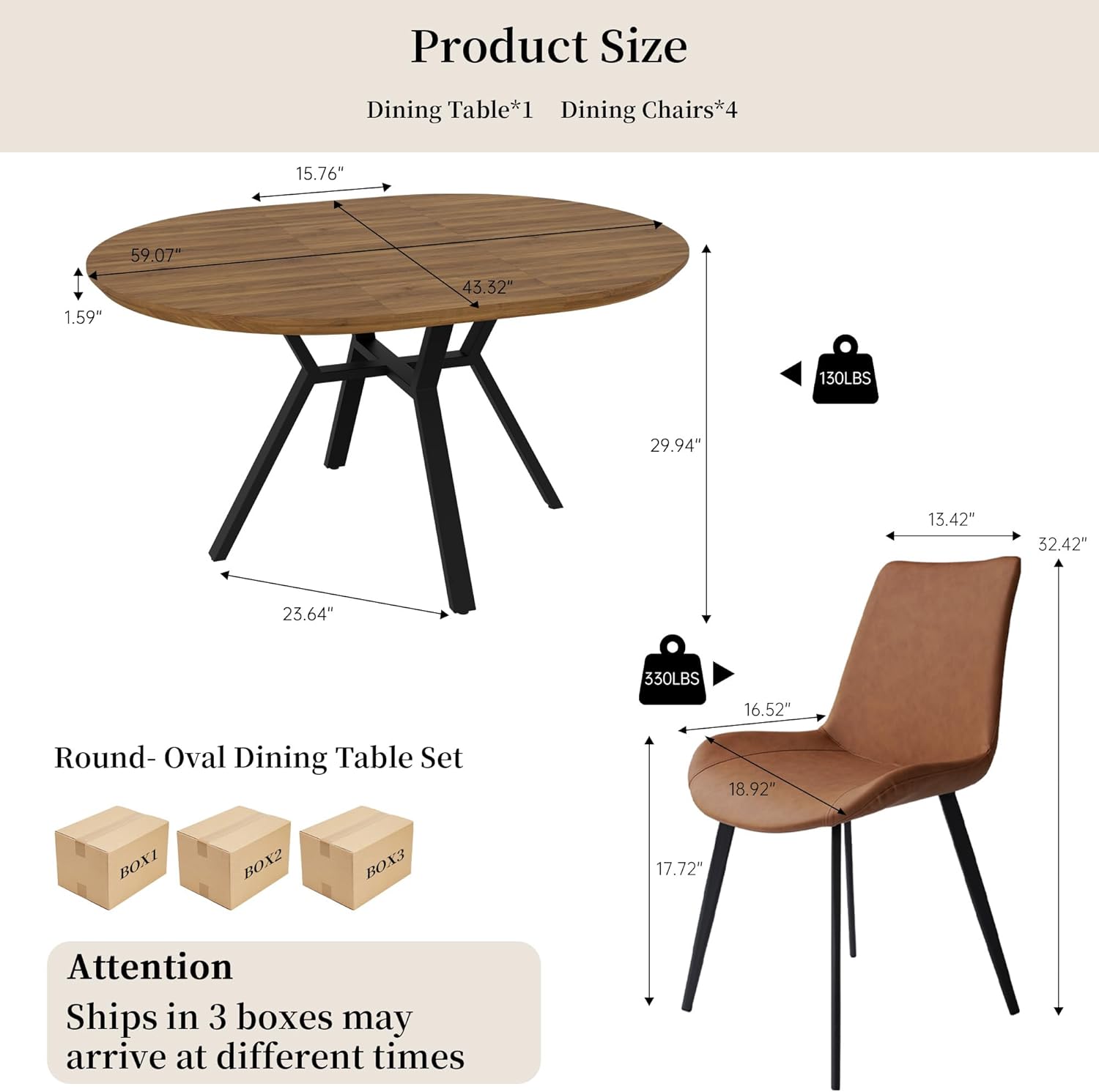 Extendable Round Dining Table Set for 4-6 People, 43.3"-59.1" Extendable Kitchen Table with 4 Upholstered Chairs, Space Saving for Kitchen Dining Room (Walnut Table+4 Brown Chairs)