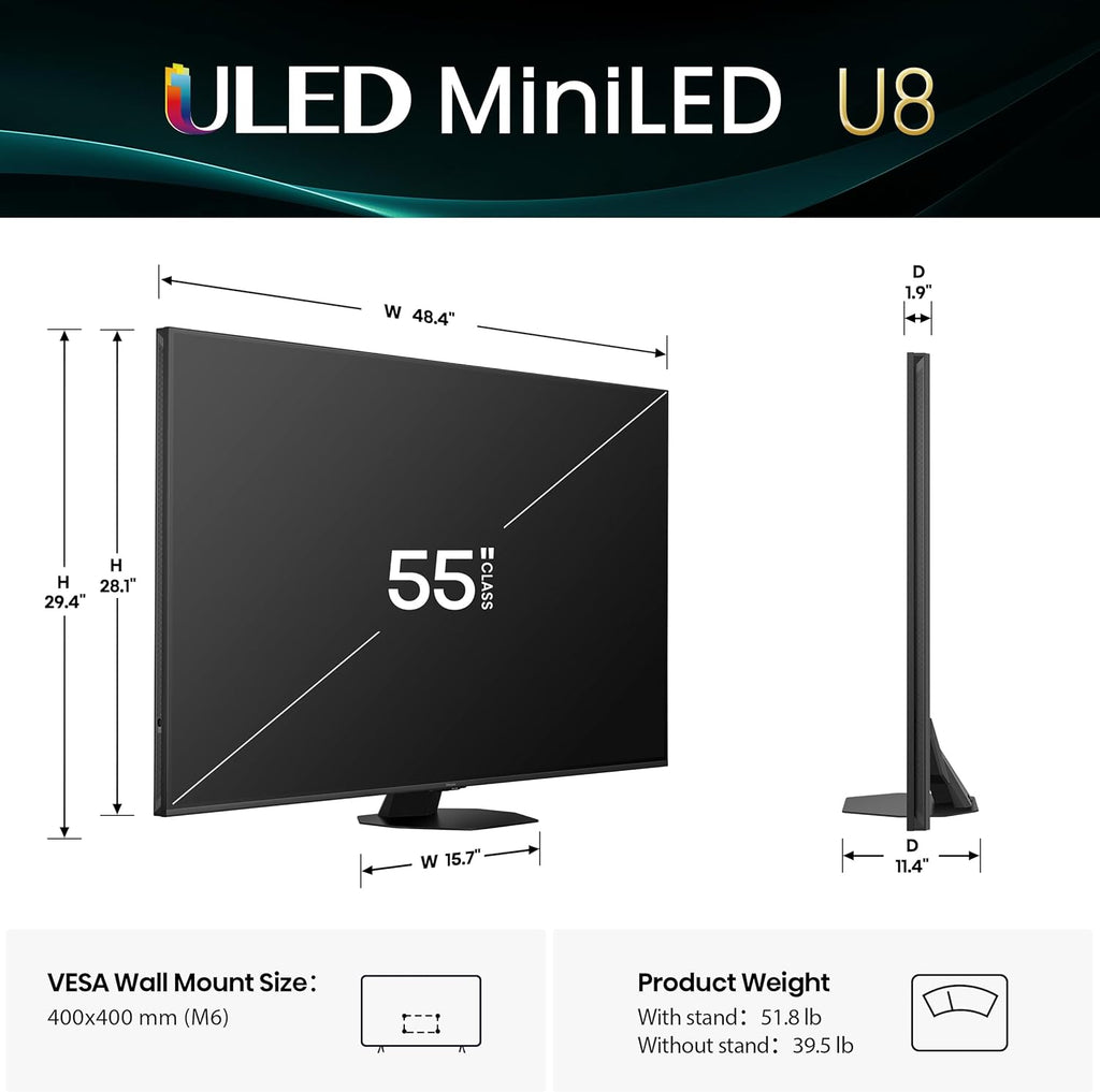 Hisense 55" Class U8 Mini-LED ULED 4K UHD Google Smart TV (55U8QG  2025 Model) - QLED  Native 165Hz  VRR 288  Up to LD5600  5000 Nits  HDR10+  Dolby Vision IQ · Atmos  IMAX Enhanced  4.1.2 Ch Audio