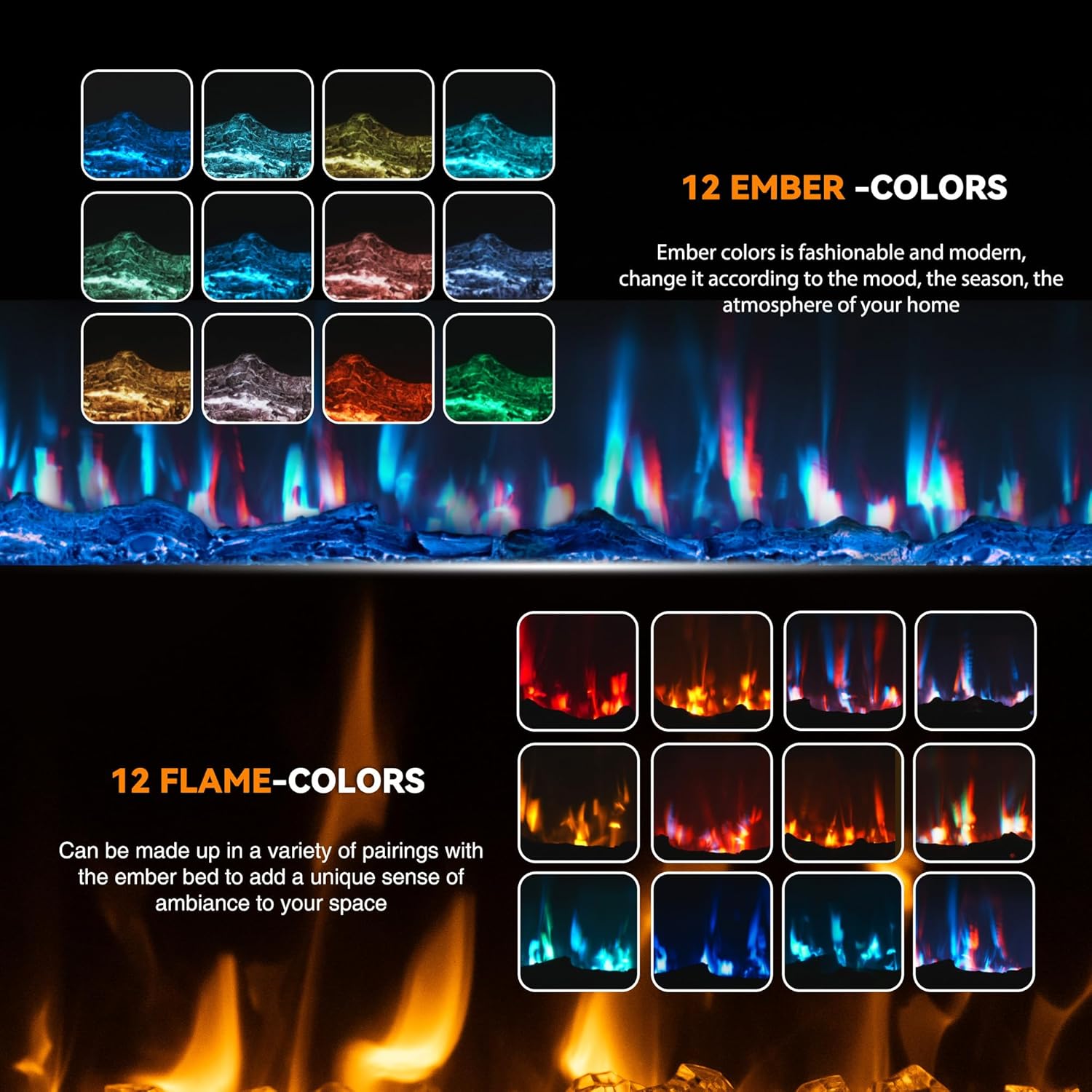 Manastin 60" Ultra-Thin Electric Fireplace Recessed and Wall Mounted with Remote Control, 12 Adjustable Color Fireplace Heater(60-99°F Thermostat), Low Noise, Timer, Child Lock