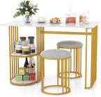 Giantex 3-Piece Dining Table Set for 2, Rectangular Kitchen Table with 2 Stools, 2-Tier Storage Shelf, Upholstered Seat, Faux Marble Top, Metal Frame, Dinette Desk, Breakfast Desk for Small Space