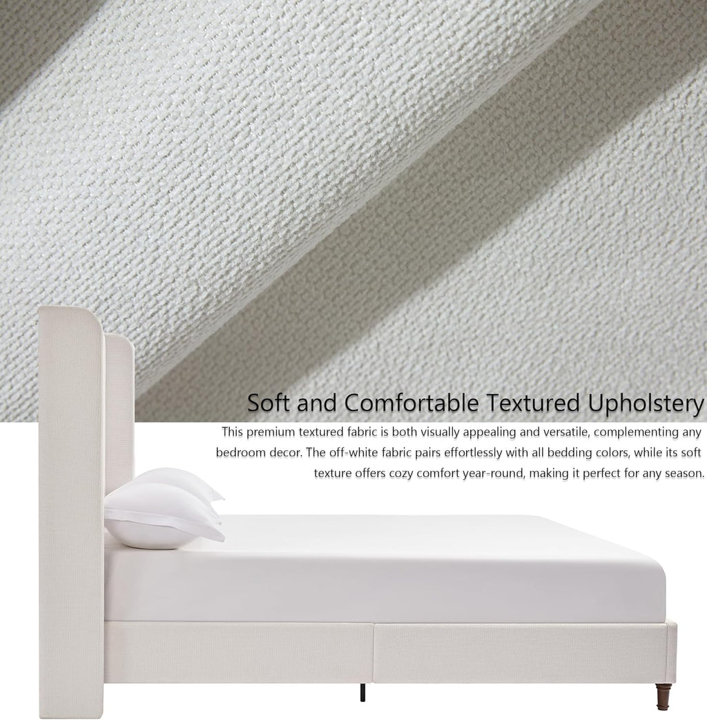 Harper 54" Extra-Tall Headboard Bed Frame - Modern Wingback Upholstered Platform Bed, 1000lbs Heavy Duty Support, Textured Chenille, No Box Spring Needed (Cream White King U.S. Standard)