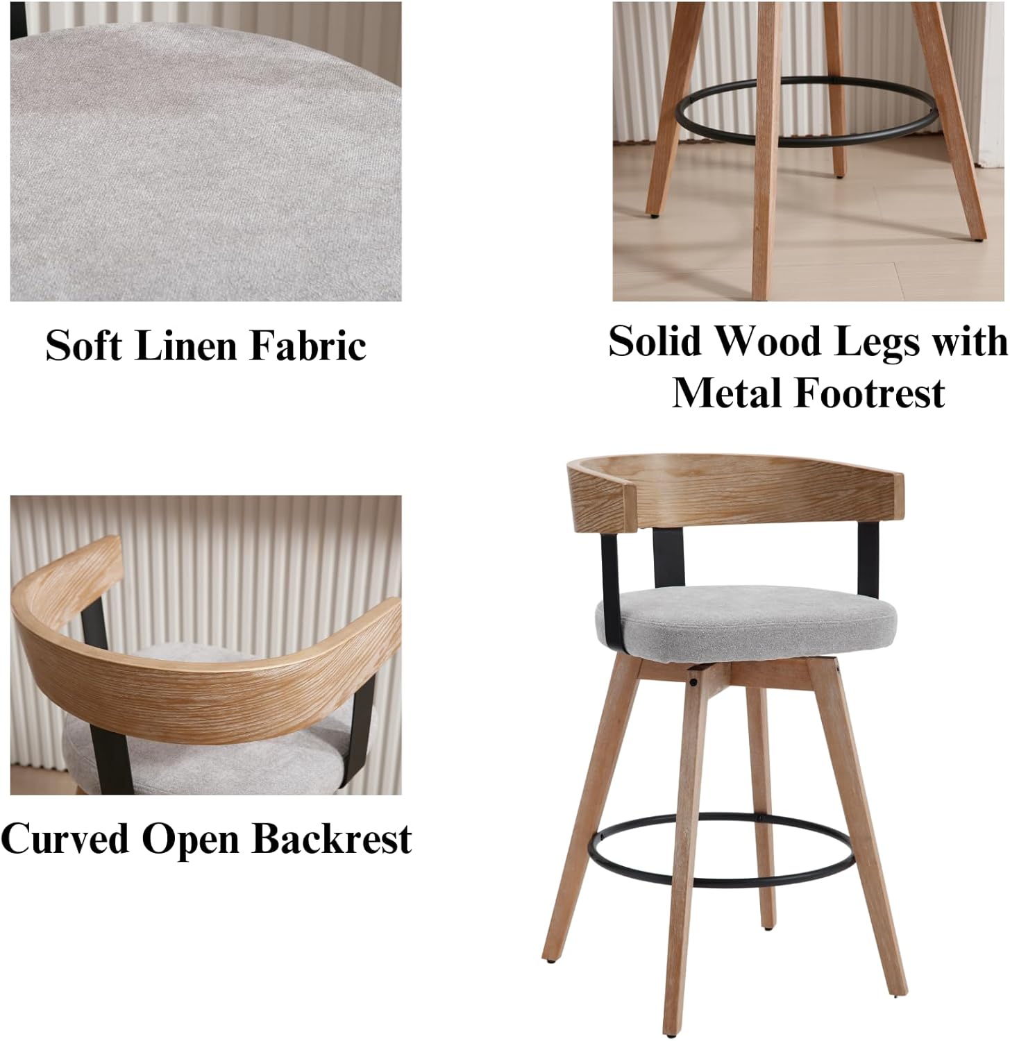LukeAlon Linen Upholstered Counter Stools Set of 2, 360° Swivel Wooden Kitchen Stools with Wood Full Back Mid Century 26.25" Seat Height Low Barstools for Dining Room Kitchen Island, Grey