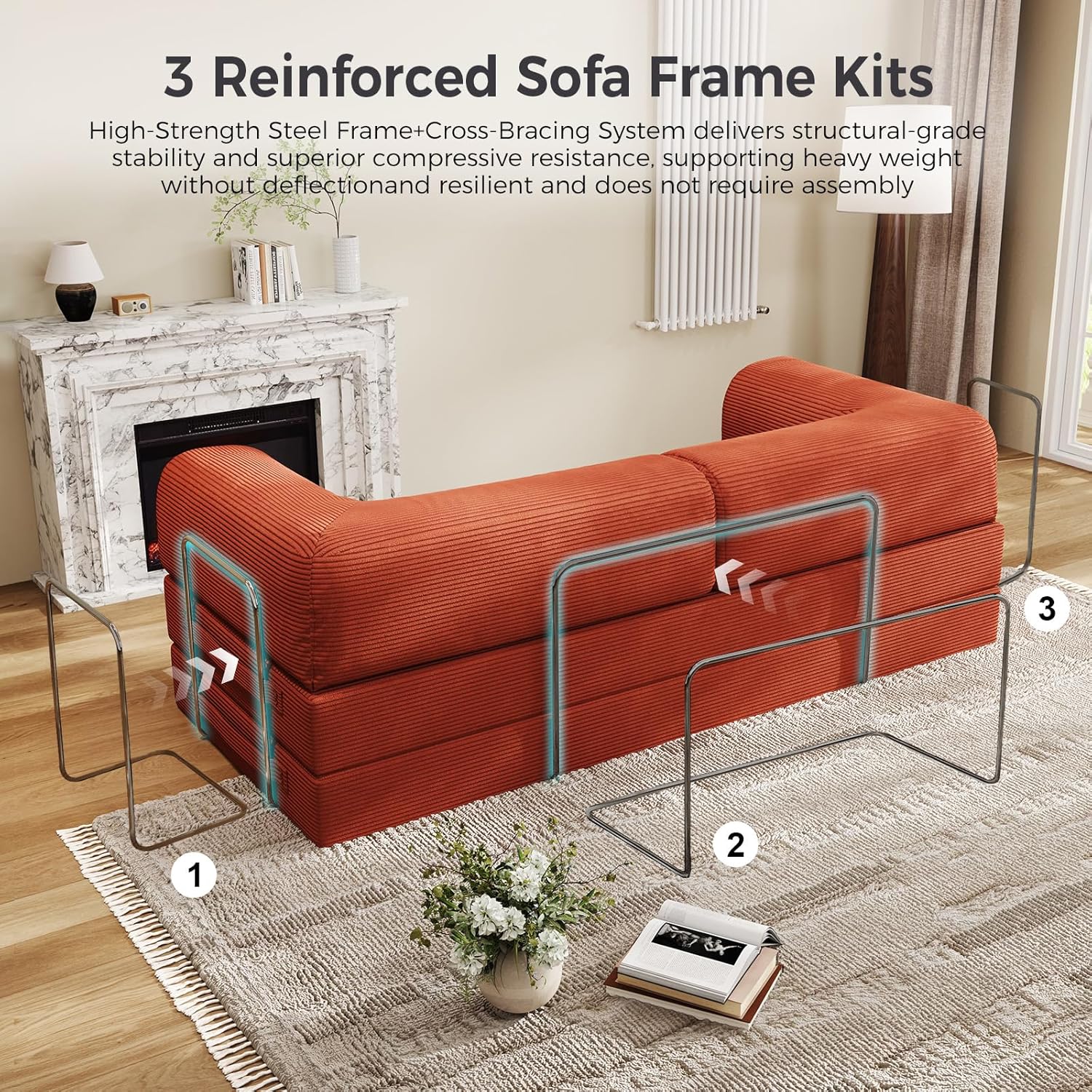 Folding Sofa Bed, Convertible Sleeper Couch, 78 Inch Oversized Corduroy Upholstered Boneless Couch, Loveseat Sleeper with Pull Out Bed, Floor Sofa Modular Futon Couch for Living Room Bedroom