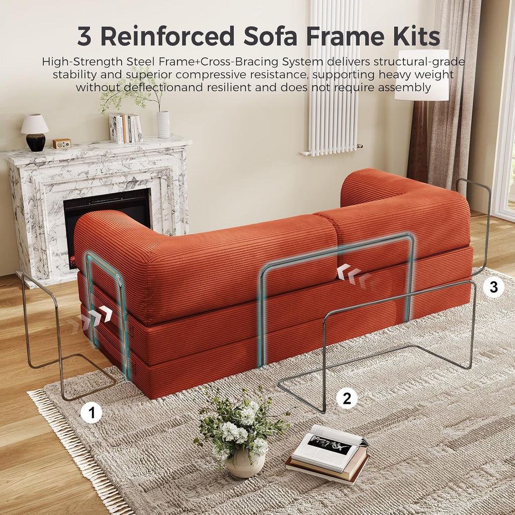 Folding Sofa Bed, Convertible Sleeper Couch, 78 Inch Oversized Corduroy Upholstered Boneless Couch, Loveseat Sleeper with Pull Out Bed, Floor Sofa Modular Futon Couch for Living Room Bedroom