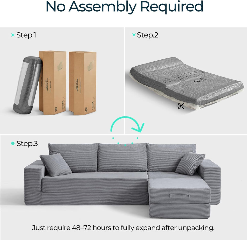 LINSY HOME Oversized Convertible Sofa Bed with 2 Pillows & Ottoman, Corduroy Boneless Couch Folding Modular Sleeper Sofa, L Shaped Couch Floor Sofa for Living Room Apartment, Upgrade Backrest (Grey)