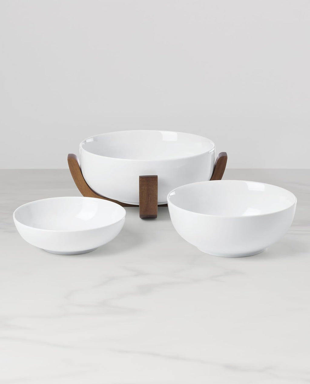 Oneida Serveware, 24 Seven 3-Piece Nesting Bowl Set With Wood Stand, Porcelain Material Wooden Stand, Home And Kitchen, Dishwasher And Microwave Safe, Serving Bowls, Salad Bowl (White, 4 Pieces)