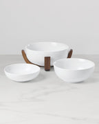 Oneida Serveware, 24 Seven 3-Piece Nesting Bowl Set With Wood Stand, Porcelain Material Wooden Stand, Home And Kitchen, Dishwasher And Microwave Safe, Serving Bowls, Salad Bowl (White, 4 Pieces)