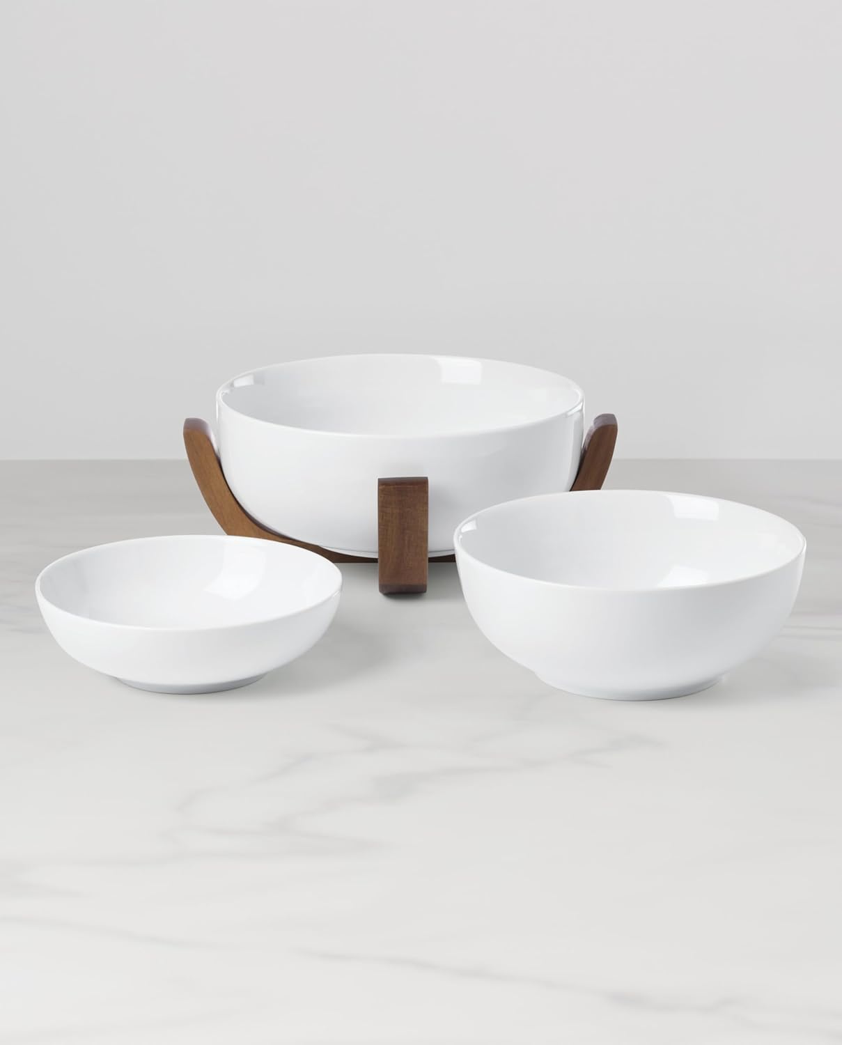 Oneida Serveware, 24 Seven 3-Piece Nesting Bowl Set With Wood Stand, Porcelain Material Wooden Stand, Home And Kitchen, Dishwasher And Microwave Safe, Serving Bowls, Salad Bowl (White, 4 Pieces)