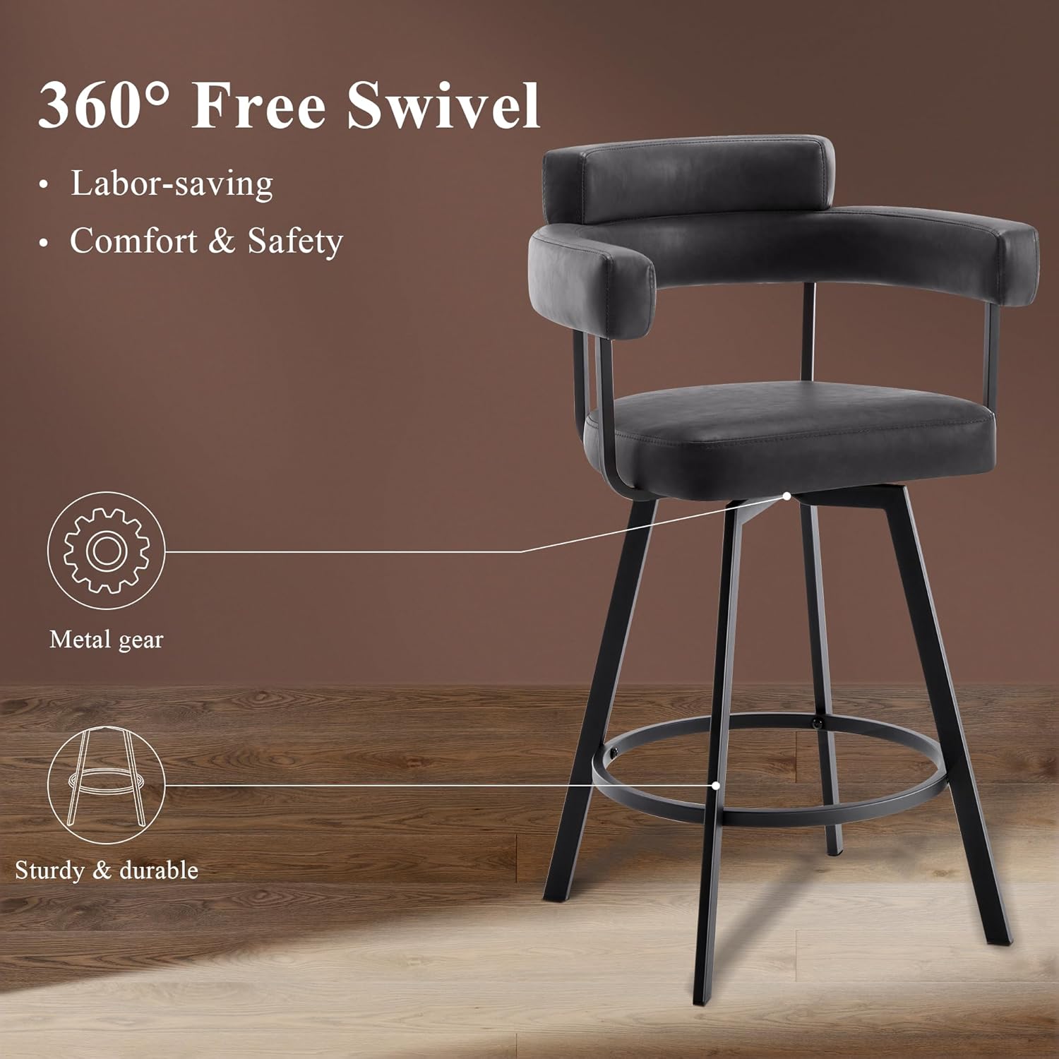 26'' Swivel Counter Height Stools with Round Back, Faux Leather Upholstered Bar Stools with Metal Legs, Armrest, Modern Counter Stools for Kitchen Island, Dining Room (Black, Set of 2)