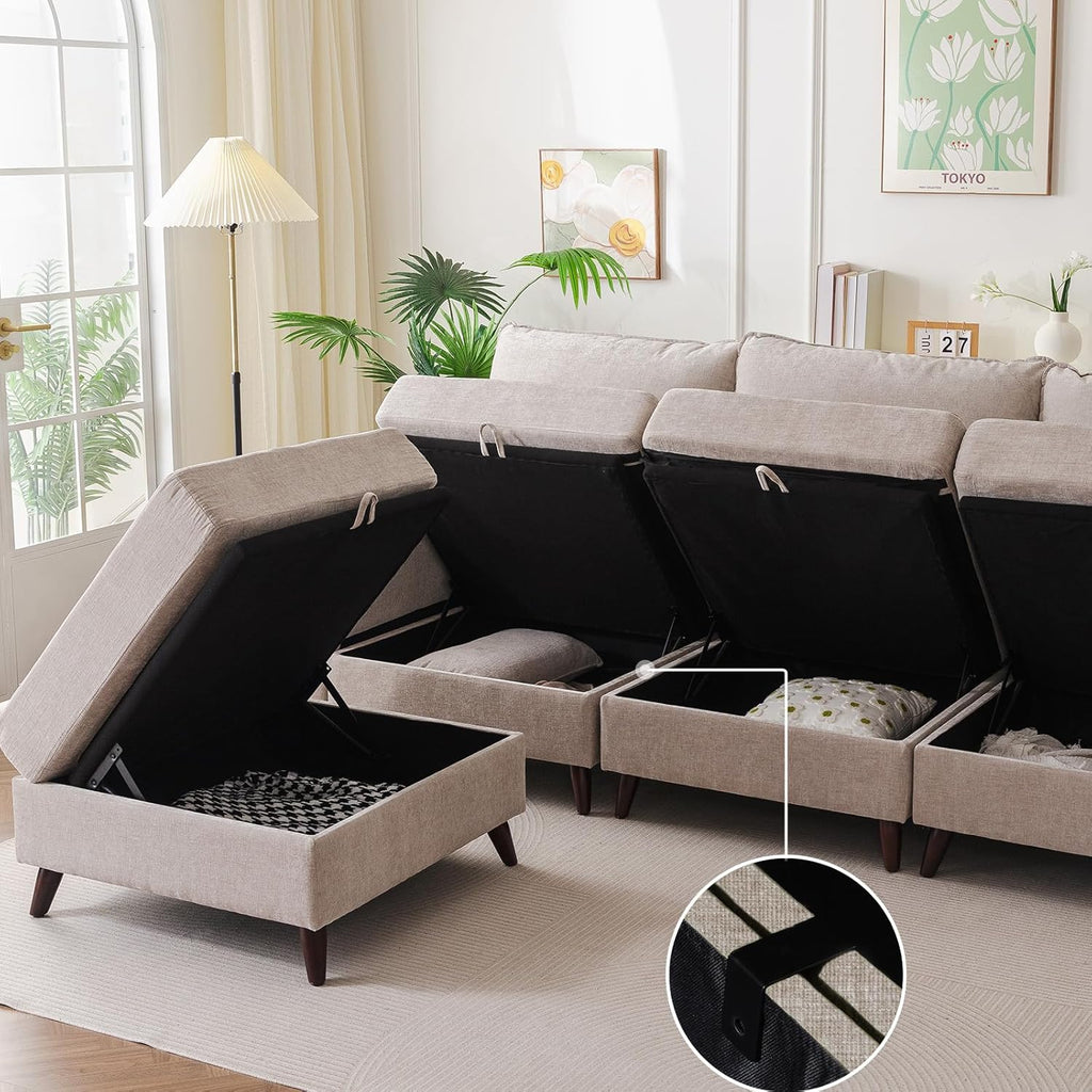 104'' Modular Sectional Sofa with Seats Storage,Oversized L Shaped Couch with Deep Seat,3-Seater Comfy Cloud Couches for Living Room, Movable Ottoman,Chenille,Khaki