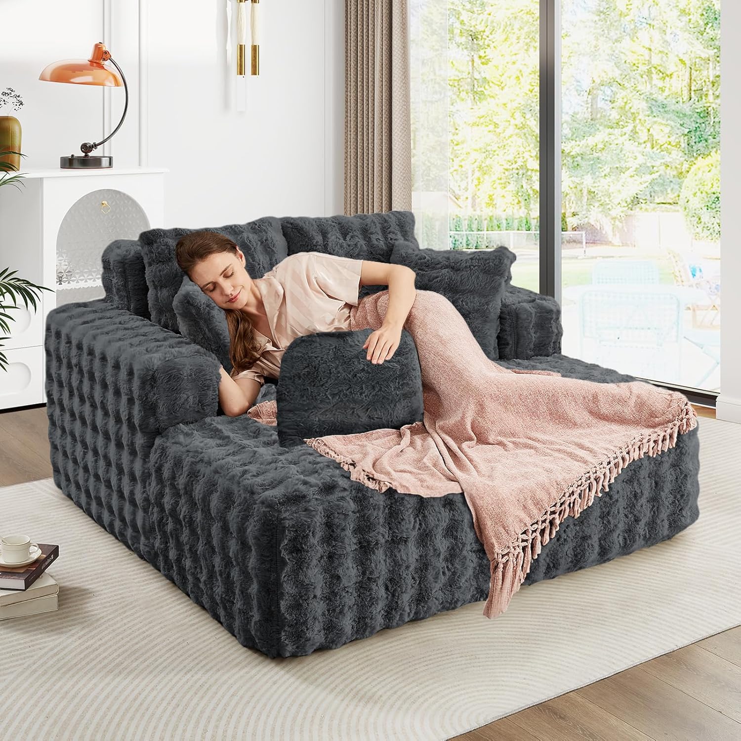 56" W Oversized Chaise Lounge Chair Indoor,Plush Faux Fur Sleeper Couch Sofa Bed with Pillows,Fluffy Comfy Cloud Sofa,Compression Foam Boneless Couch for Living Room,Bedroom(Bubble, Grey)