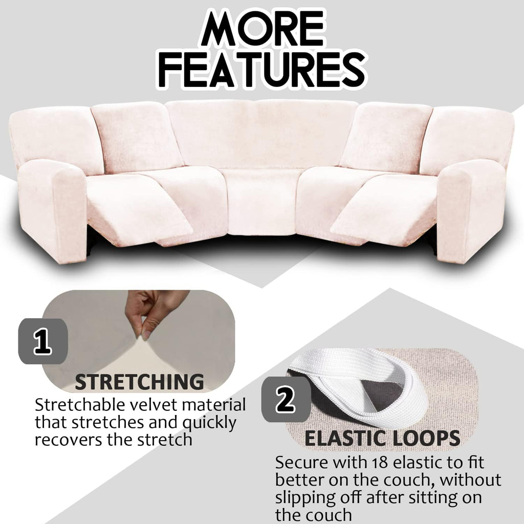 ULTICOR 7-Piece Sectional Recliner Sofa Covers, Velvet Stretch Reclining Couch Covers for Reclining Sofa, Thick, Soft, Washable (Ivory, L Shape 5 Seat Recliner Cover)