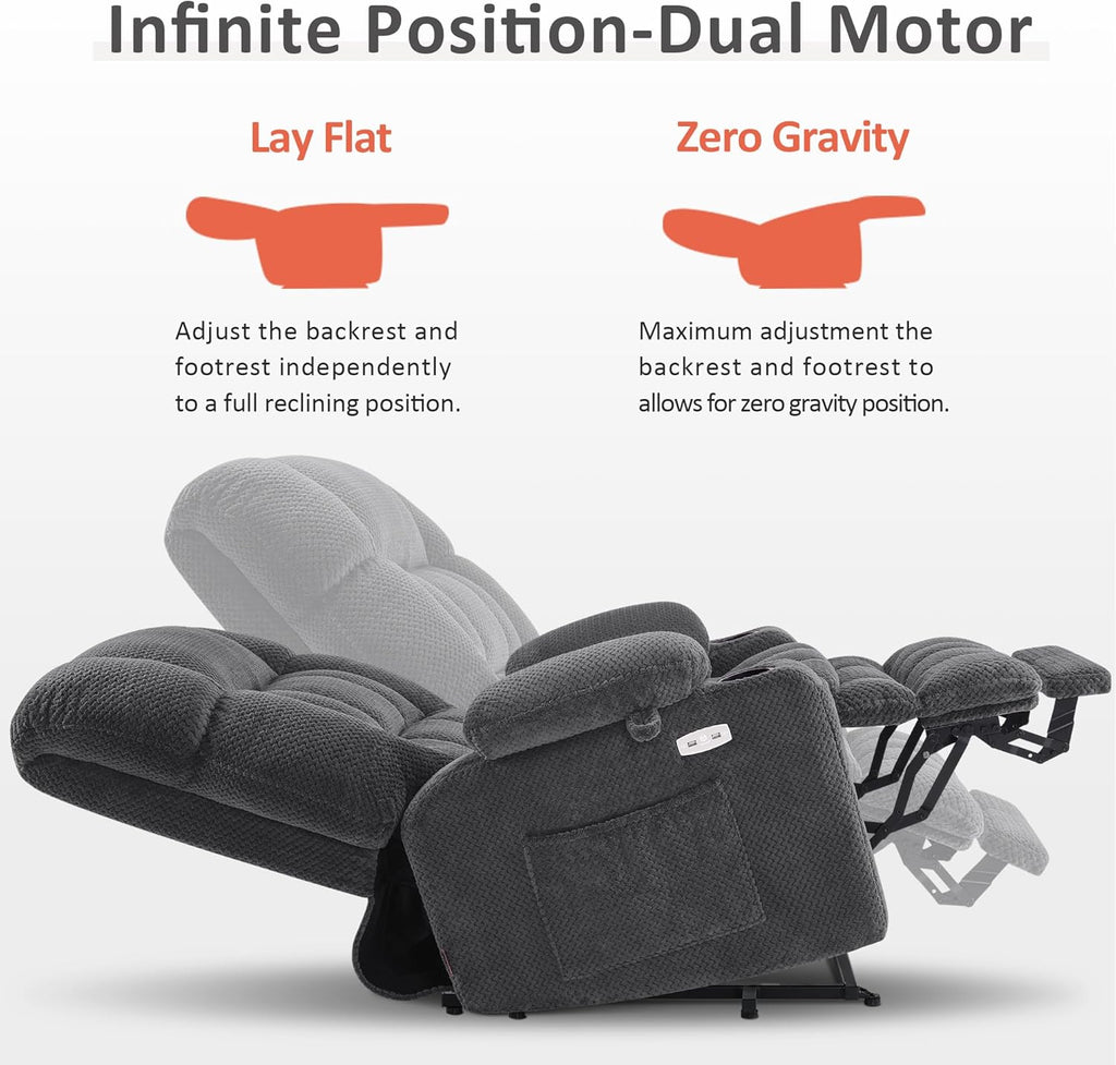 MCombo Oversized Power Lift Recliner Chair for Elderly, Dual Motor Lift Chair with Heat and Massage, Lay Flat Lift Chair for Big and Tall, Cup Holders, Fabric R7891 (Oversize, Dark Gray)