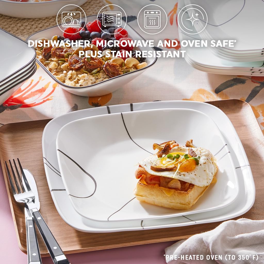 Corelle 18-Piece Service for 6 Dinnerware Set Triple Layer Glass and Chip Resistant, Lightweight Square Plates and Bowls Set, Simple Lines
