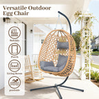 Hanging Egg Chair with Stand & Cushions - All-Weather Rattan Swing Chair for Patio, Balcony, Garden (Modern Boho Design, Ready-to-Use Indoor Outdoor)-Grey