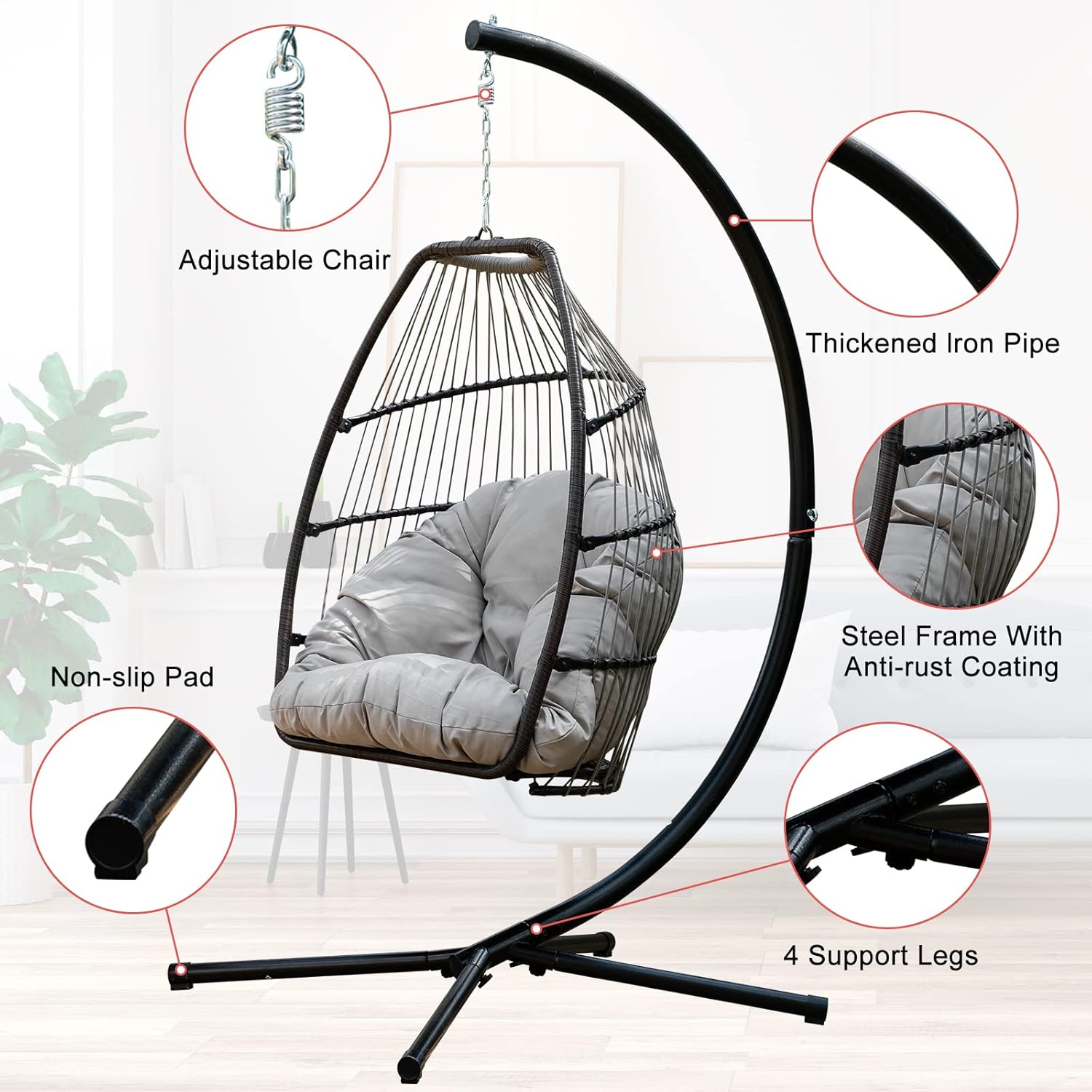Hanging Egg Swing Chair Outdoor Hammock with Stand, Wicker Rattan Patio Chair, Swings for Adults, Chairs Outside, Patio, Bedroom, Garden & Balcony