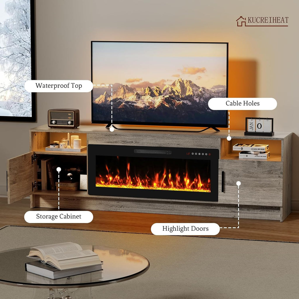 70'' TV Stand with Fireplace, Entertainment Center with Fireplace for 75+inch TV- Grey TV Cabinets with Storage, 20 Led Colors, Cable Management, Modern TV Console for Living Room