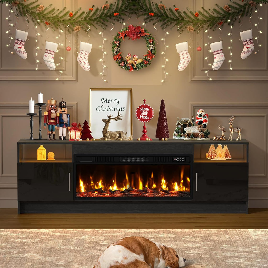 BREEZEHEAT 70" Electric Fireplace TV Stand for 80'' TV-Entertainment Center with 36'' Fireplace and Led Light-TV Table with Storage, High Glossy Door, Modern TV Console for Living Room, Black