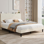Garvee Queen Size Bed Frame with USB Charging Station, Corduroy Upholstered Platform Bed Frame with Adjustable Storage Headboard, Wooden Slats Support, No Box Spring Needed, Easy Assembly, Beige