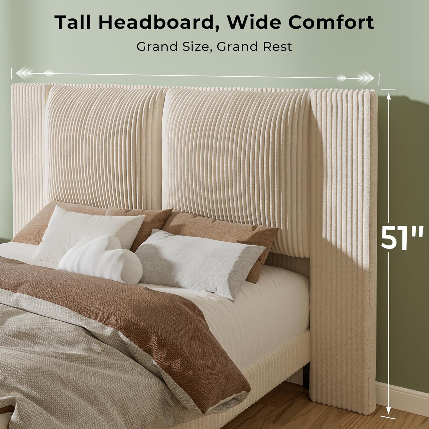 Full Upholstered Bed Frame with 51" Tall Headboard & Widened Corduroy Cushion, Easy Assembly, No Box Spring Needed, Cream