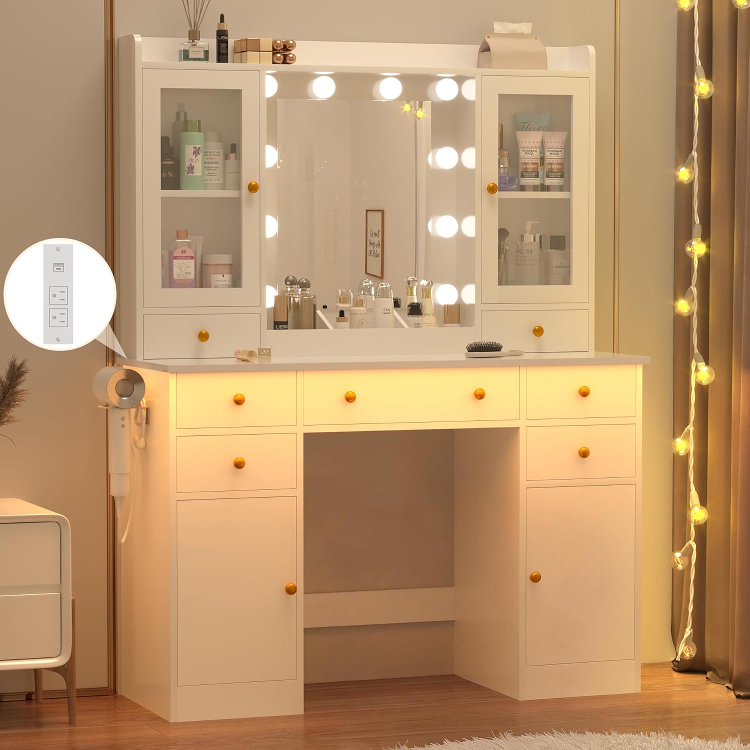 Vanity Desk with Mirror and Lights, 43" White Makeup Vanity Set with 5 Drawers & Glass Cabinets, Makeup Tray, Power Outlet & Adjustable LED Lights, Dressing Table for Women & Girls Bedroom