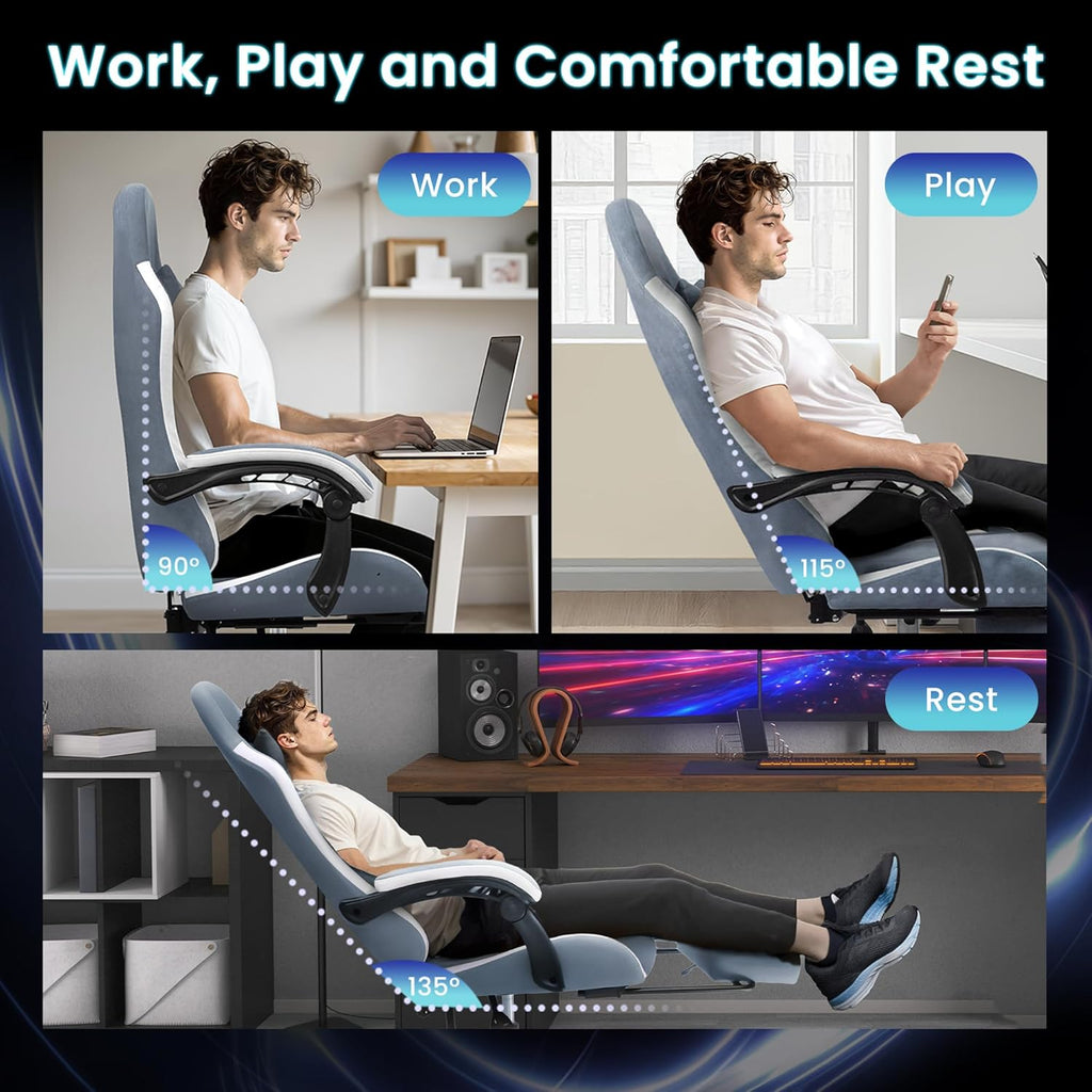 N-GEN GAMING Video Gaming Chair with Footrest Lumbar Support for Home Office High Back Recliner Height Adjustable Ergonomic Comfy Fabric Computer Desk Chair (Blue)
