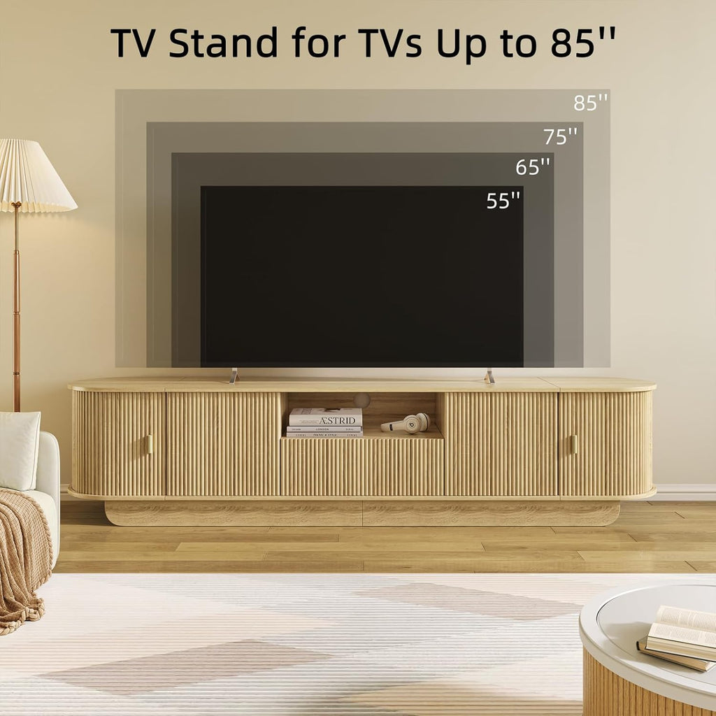 86.61'' Tambour TV Stand for 55-85 Inch, Modern Entertainment Center with Large Storage Cabinet & Open Shelves, TV Console with Sliding Doors for Living Room, Bedroom, Natural