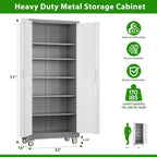 71" H Metal Storage Cabinet with Wheels and Pegboard, Lockable Steel Garage Storage Cabinet with 5 Adjustable Shelves and Door for Garage, Office, Kitchen, Assembly Required（Grey and White）