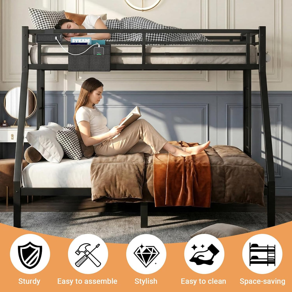 Twin XL Over Queen Bunk Bed, Metal Bunk Bed Frame Heavy Duty Bunk Beds Loft Bed Frame with Ladder and Guardrail Metal Slats No Box Spring Required for Adults Teens, Black