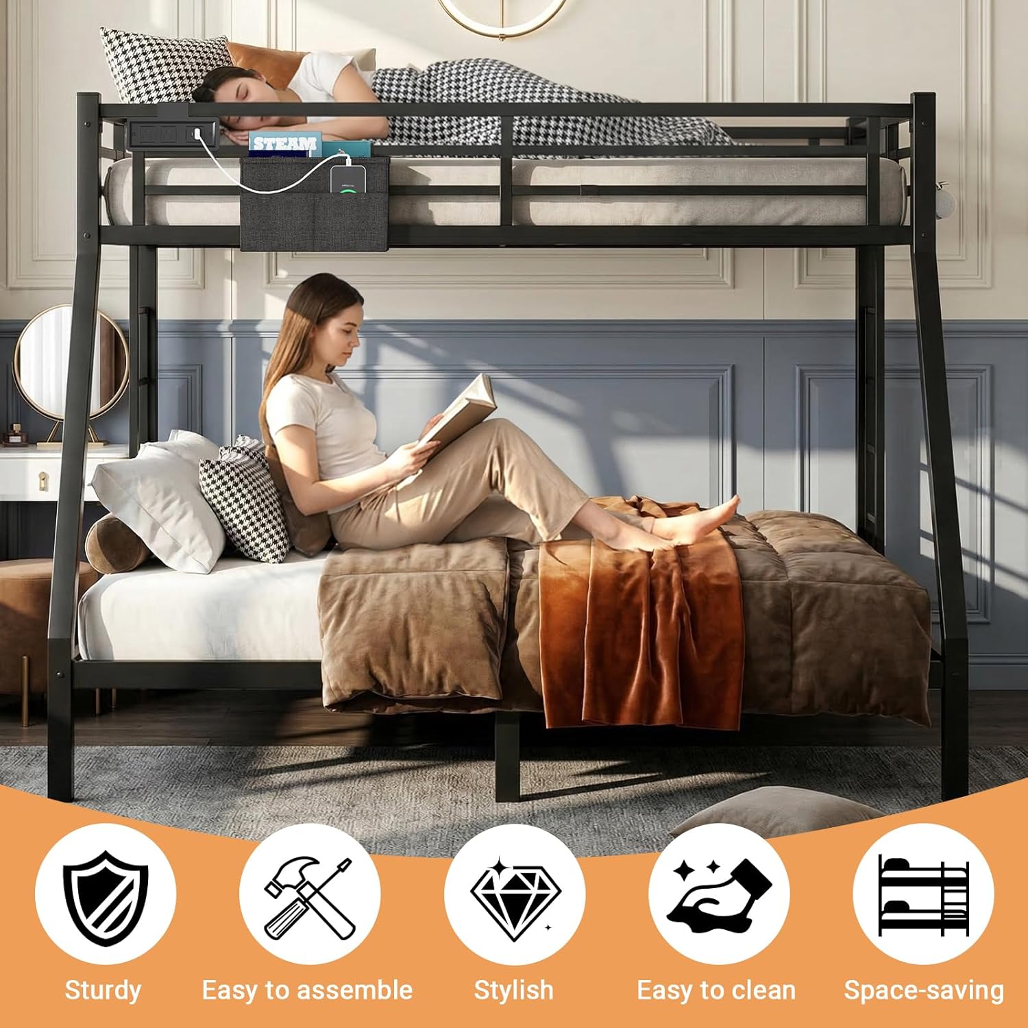 Twin XL Over Queen Bunk Bed, Metal Bunk Bed Frame Heavy Duty Bunk Beds Loft Bed Frame with Ladder and Guardrail Metal Slats No Box Spring Required for Adults Teens, Black