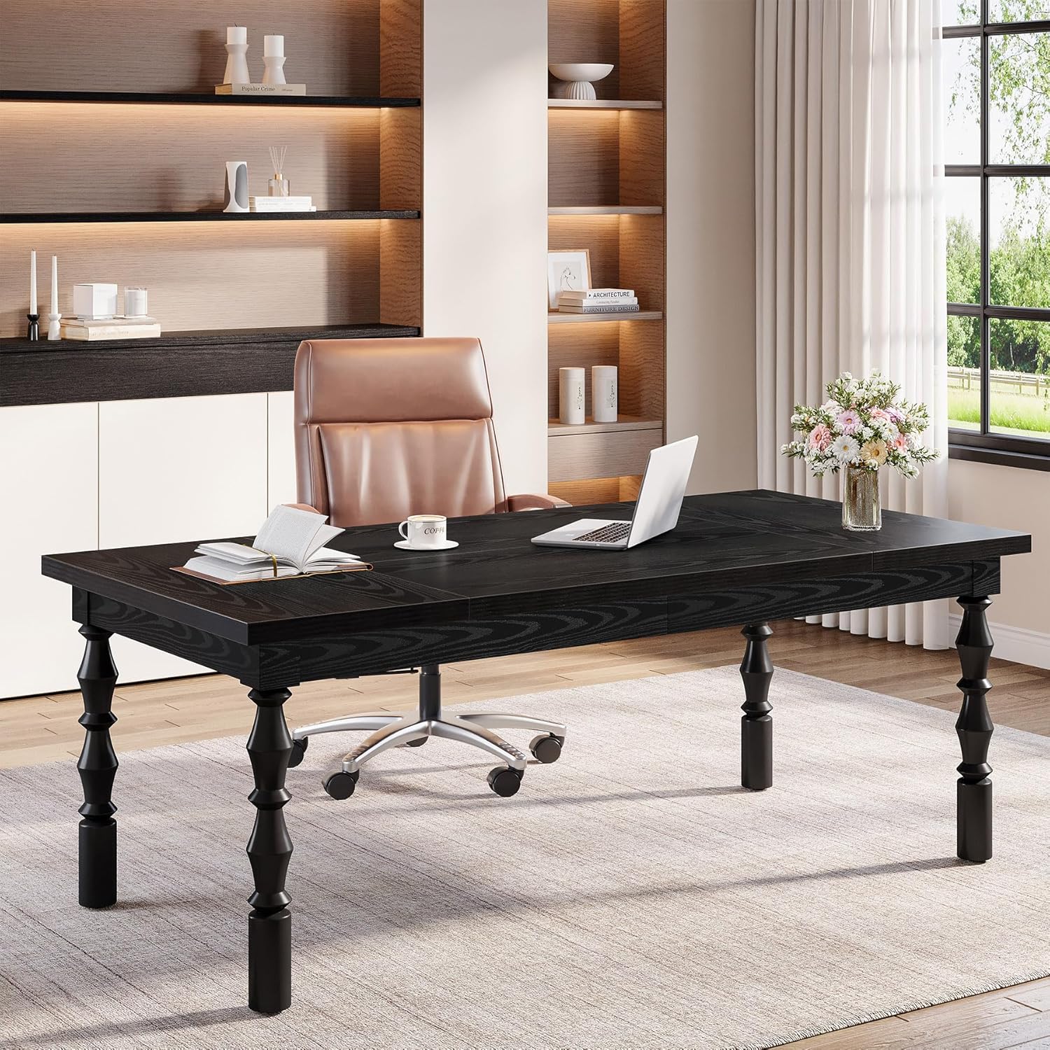 Tribesigns Large Executive Office Desk, 62.2-Inch Farmhouse Modern Computer Desk, Mid Century Study Writing Table Workstations Business Office Furniture with Carved Turned Legs (Black)