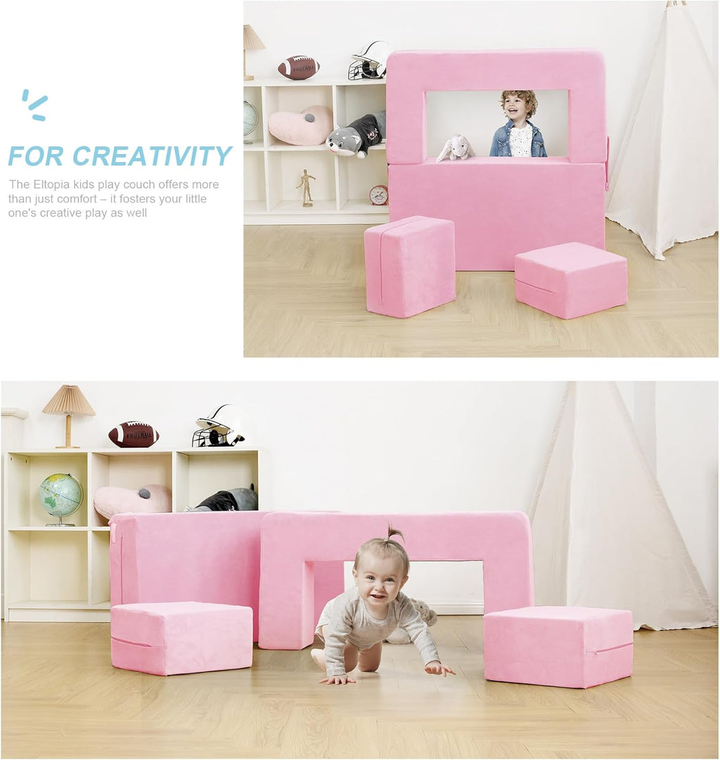 Elftopia Modular Kids Sofa,Toddler Couch Foam Armchair for Kids, Children Convertible Plush Sofa Play Set,Fold Out SofaBed(Pink)