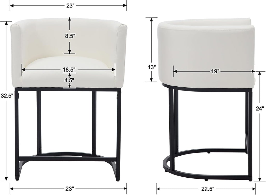 PU Leather Bar Stools Set of 3, Modern Upholstered Counter Height Bar stools 24" Leather Barstools Barrel Kitchen Counter Island Stools with Black Metal Base, White