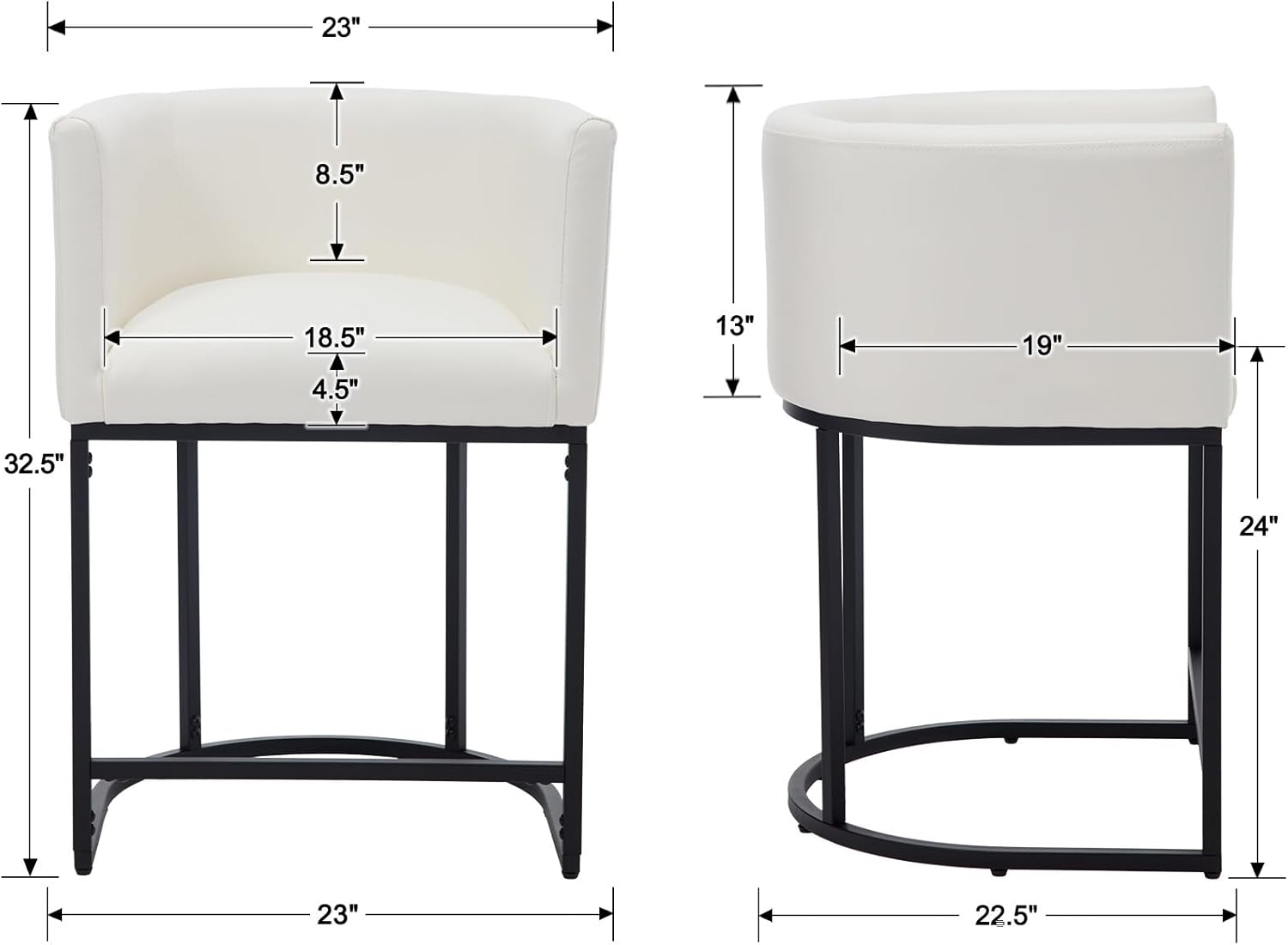PU Leather Bar Stools Set of 3, Modern Upholstered Counter Height Bar stools 24" Leather Barstools Barrel Kitchen Counter Island Stools with Black Metal Base, White