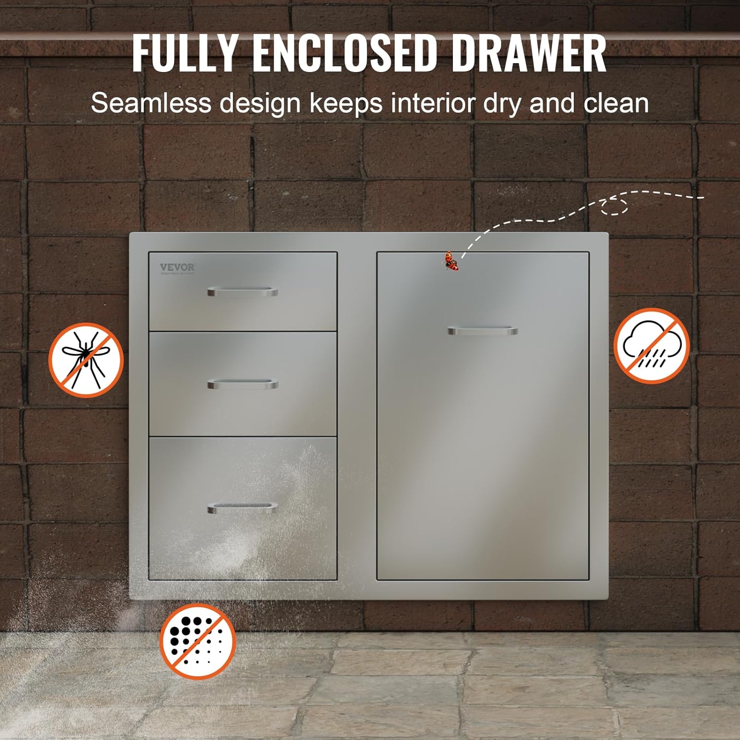 VEVOR Stainless Steel Cabinet  Outdoor Kitchen Door Drawer Combo 29.5" W x 22.6" H x 21.7" D  Access Door/Triple Drawers  Propane Drawer  Adjustable Garbage Ring  BBQ Island Patio Grill Station