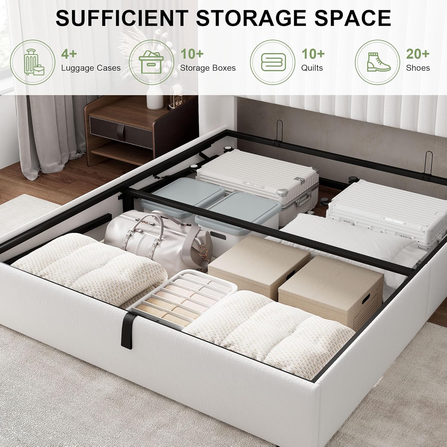 Feonase Queen Size Lift Up Storage Bed Frame, Velvet Upholstered Platform Bed Frame with Wingback Headboard, Hydraulic Storage, No Box Spring Needed, White