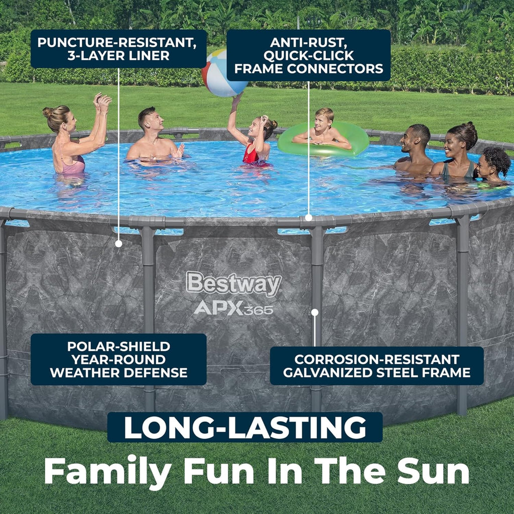 Bestway APX 365 18' x 52" Above Ground Pool  Round Metal Frame Outdoor Swimming Pool Set with Sand Filter Pump  Ladder  and Cover  Dark Marble
