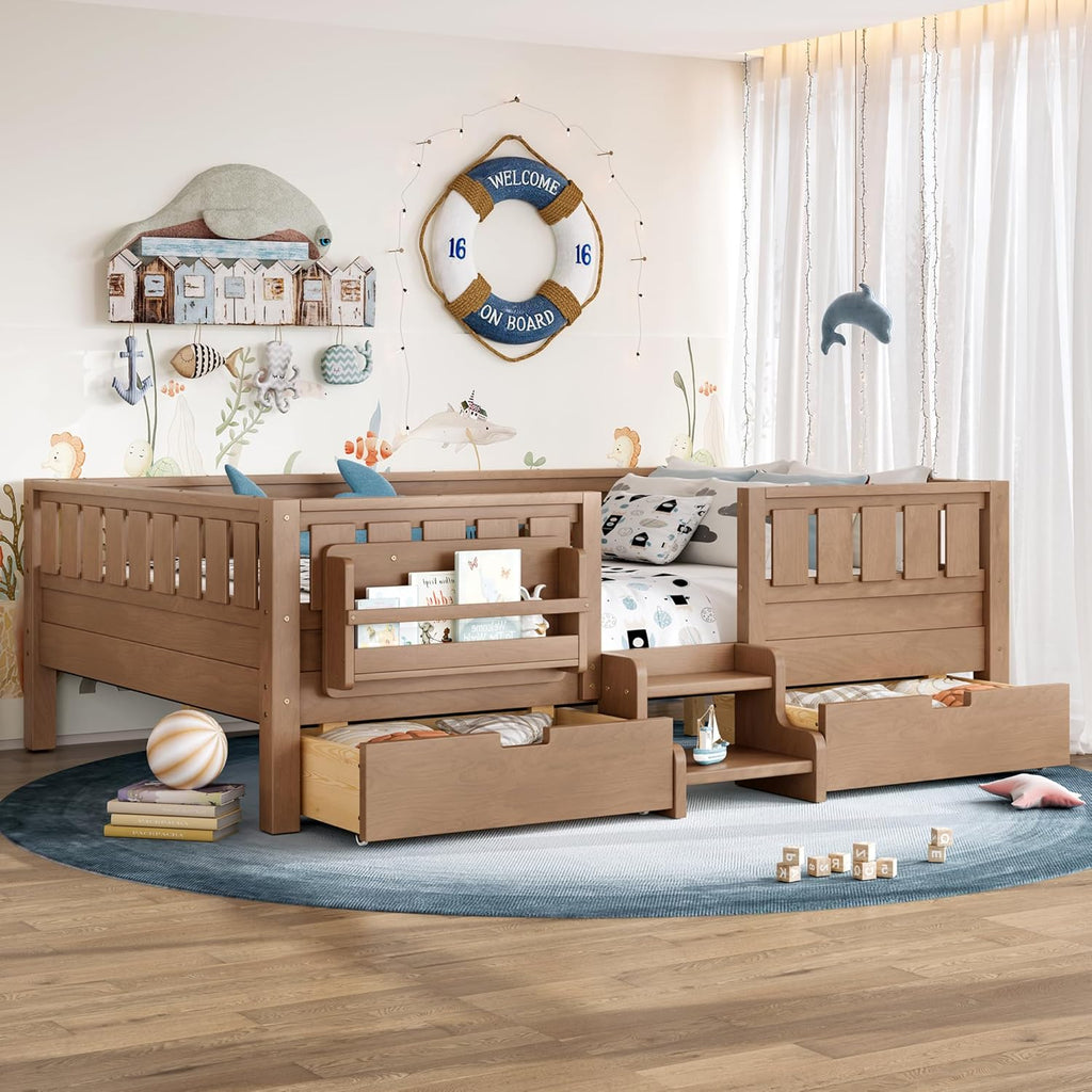 Bellemave Full Size Kids Montessori Bed with Stairs and Bookshelf,Solid Wood Full Size Kids Bed Frame with 2 Storage Drawers for Kids Girls Boys,Low-Profile,Natural