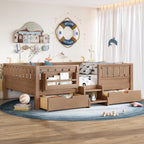 Bellemave Full Size Kids Montessori Bed with Stairs and Bookshelf,Solid Wood Full Size Kids Bed Frame with 2 Storage Drawers for Kids Girls Boys,Low-Profile,Natural